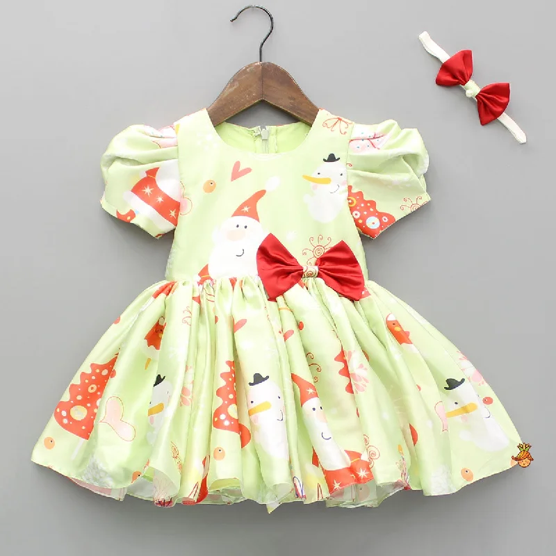 Capsule-wardrobePre Order: Christmas Theme Printed Green Flared Dress With Bowie Headband