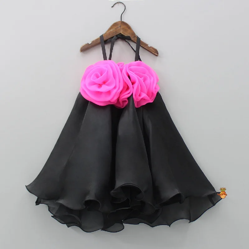 Tastefully-boldPre Order: Flower Enhanced Halter Neck Flared Black Dress
