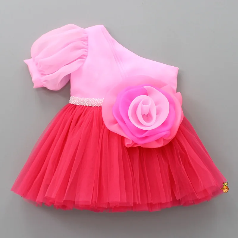 Cozy-minimalistPre Order: One Shoulder Swirled Flower Enhanced Flared Pink And Red Dress