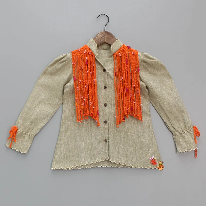 Dreamy chiffonPre Order: Scalloped Shirt Styled Dress With Shoulder Fringes And Tassels Detailing