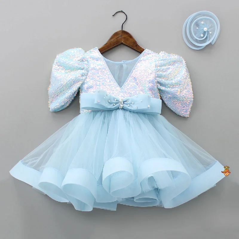 Sleek-tailoredPre Order: Sequins Beautified Flared Blue Dress With Swirled Hair Clip