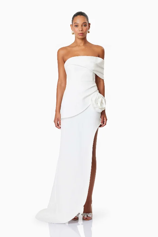 Tastefully tailoredBethany Off The Shoulder Maxi Gown In White