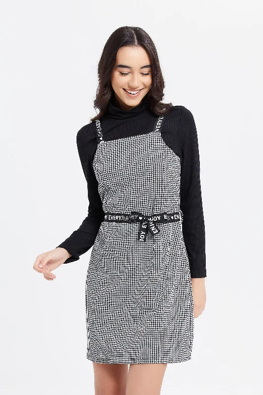 Ultra-feminineWomen Black Tweeds Twofer Dress With T-Shirt (2 Piece)