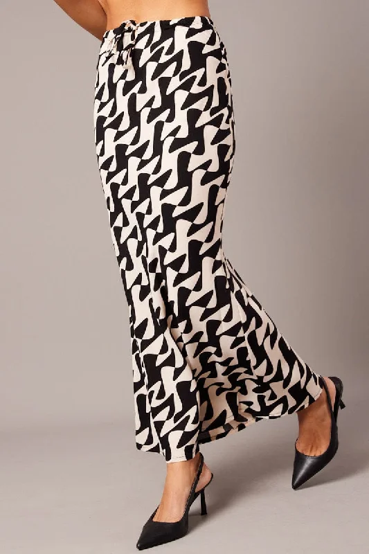 Old-moneyBlack Geo Slip Skirt Maxi Drawstring Waist