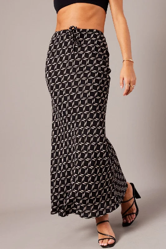 NostalgicBlack Geo Slip Skirt Maxi Drawstring Waist