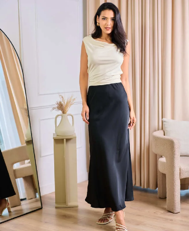 Neutral-paletteBlack Satin Maxi Slip Skirt