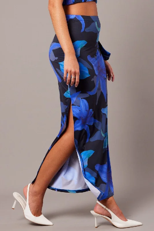 Monochrome-stylishBlue Floral Maxi Skirt Tube Side Split Skirt