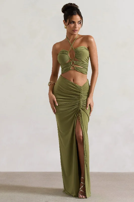 TrendyCabo | Olive Ruched Split Maxi Skirt