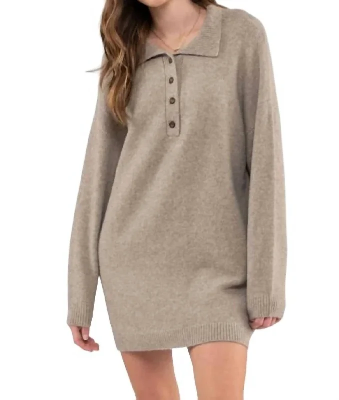 Monochrome-coolCollared Drop Shoulder Sweater Dress In Taupe