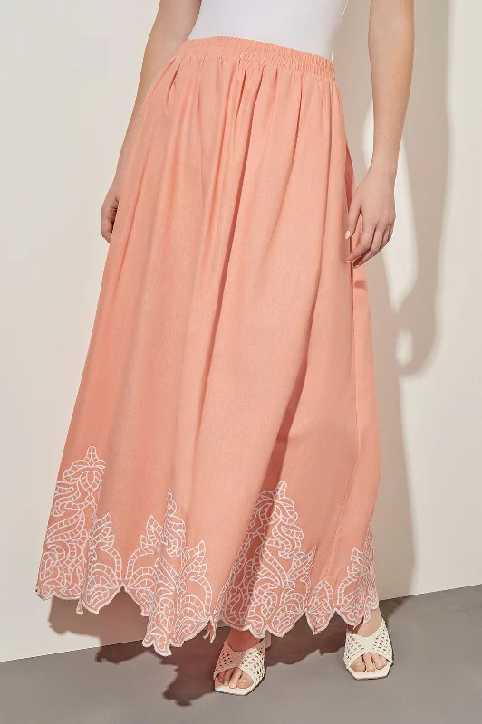 Old Hollywood glamFlare Maxi Skirt - Embroidered Hem Woven