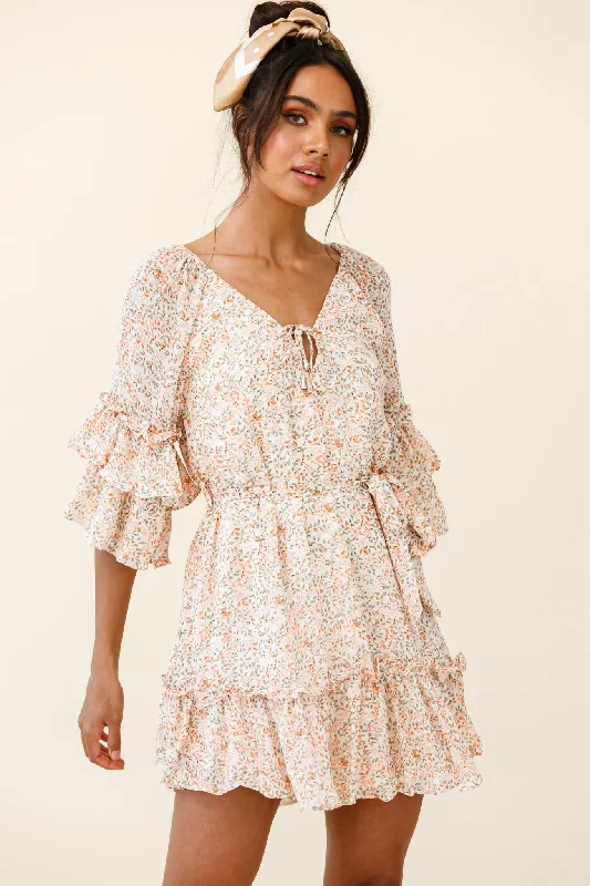 Weatherproof-fashionForever Sunshine Flared Sleeve Waist Tie Dress Floral Print Nude