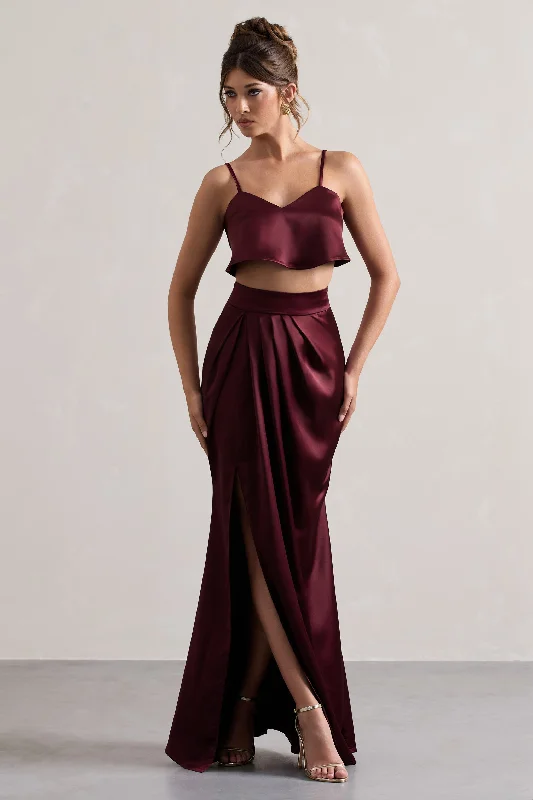 Tropical romanceFree Feeling | Plum Satin Split Maxi Skirt