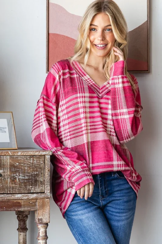 Carefree bohemianHeimish Plaid Drop Shoulder V-Neck T-Shirt