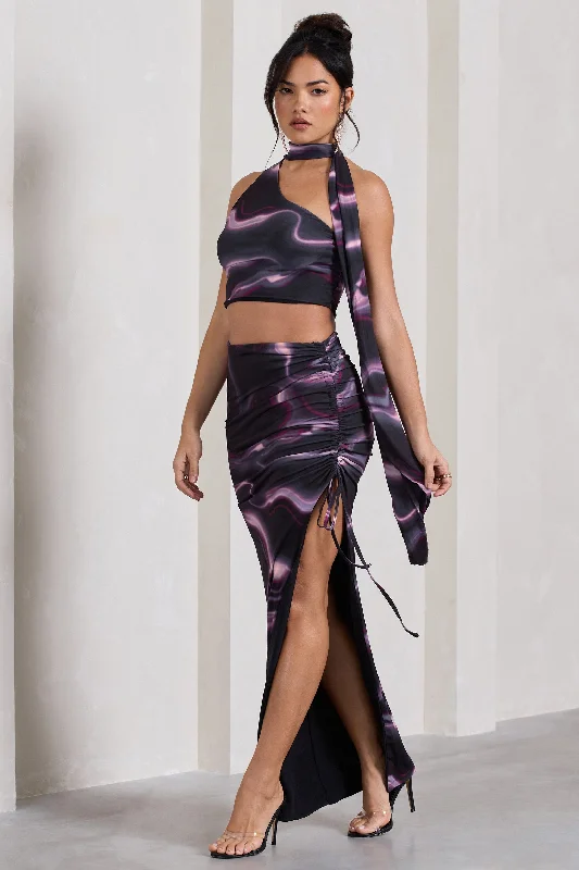 Structured yet softIn The Air | Black Printed Ruched Asymmetric High-Waisted Maxi Skirt