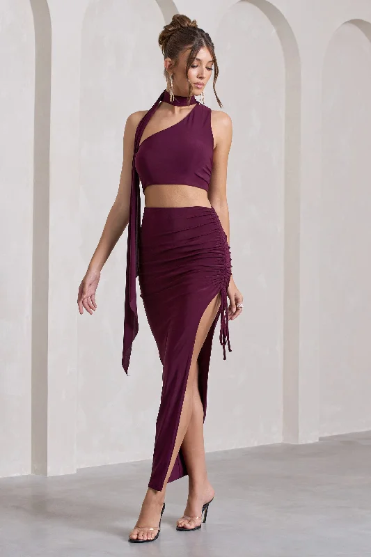 Nordic-inspiredIn The Air | Plum Ruched Asymmetric High-Waisted Maxi Skirt