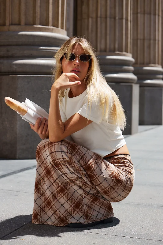 Glam-meets-streetJulia Brown Plaid Mesh Maxi Skirt