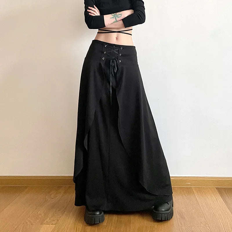 Monochrome-stylishWomen's Maxi Solid Layered A Vintage Cake High Elegant Y2K Ruffle Line Wedding Guest Waist Party Black Skirt