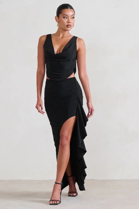 Lace-detailedLa Belle | Black Ruffle Maxi Skirt With Thigh Split