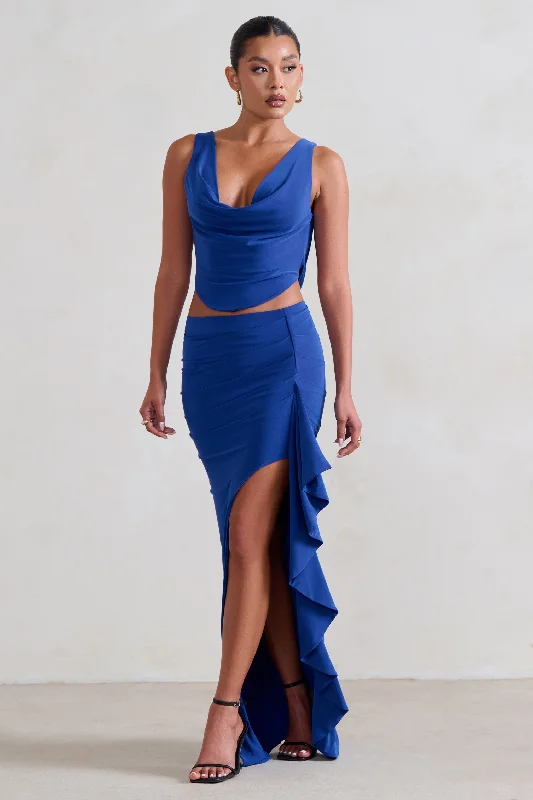 British eleganceLa Belle | Blue Ruffle Maxi Skirt With Thigh Split