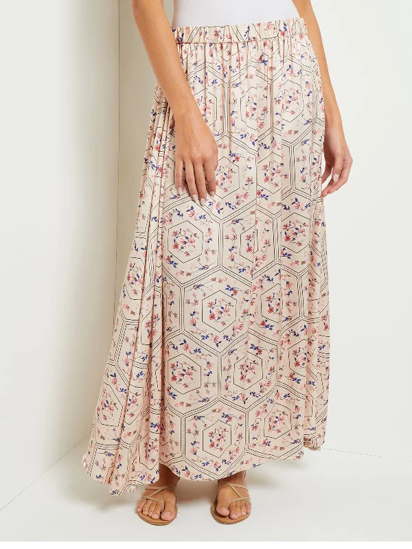 Muted-tone minimalismMaxi A-Line Pleated Skirt - Floral Print Crepe de Chine