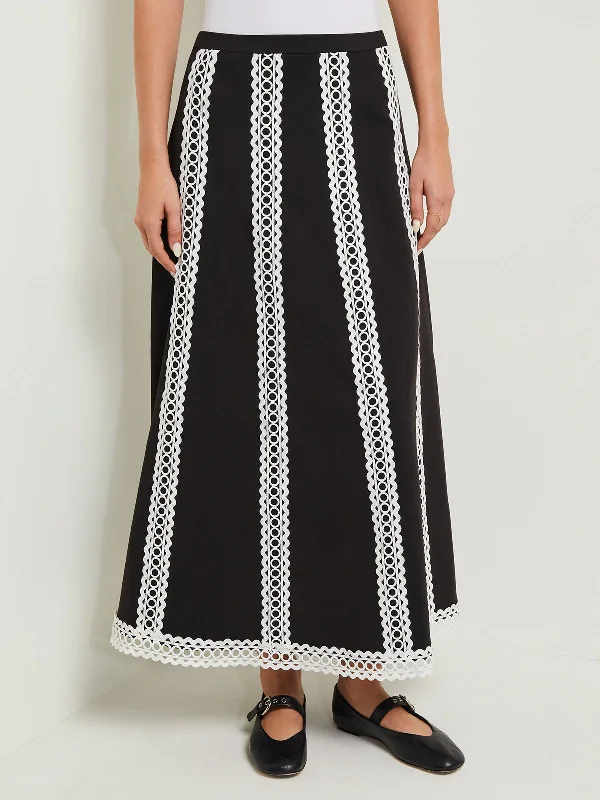 Grunge-styleMaxi A-Line Skirt - Eyelet Trim Woven Twill
