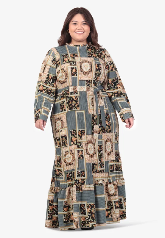 Easy-breezyDamyra Raya Pleated Prints Belted Long Dress - Grey