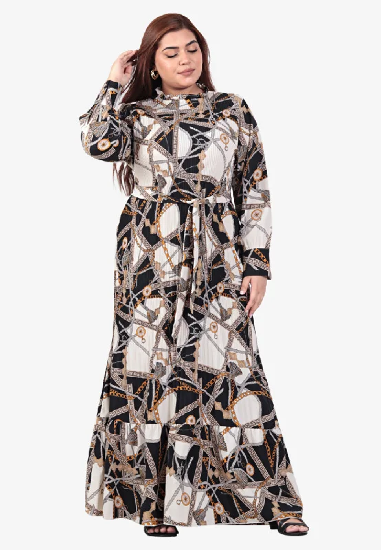 Relaxed glamourDamyra Raya Pleated Prints Belted Long Dress - Black White