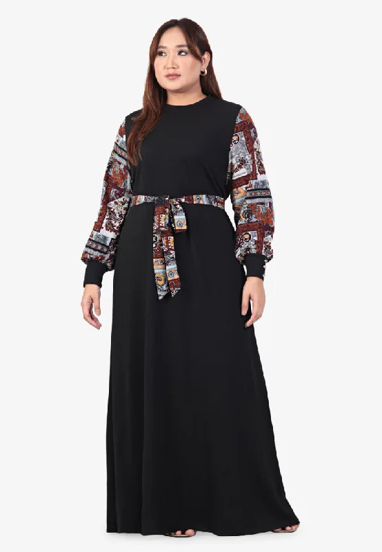 Desert-chicRania Raya Printed Sleeves Ribbed Long Dress - Abstract