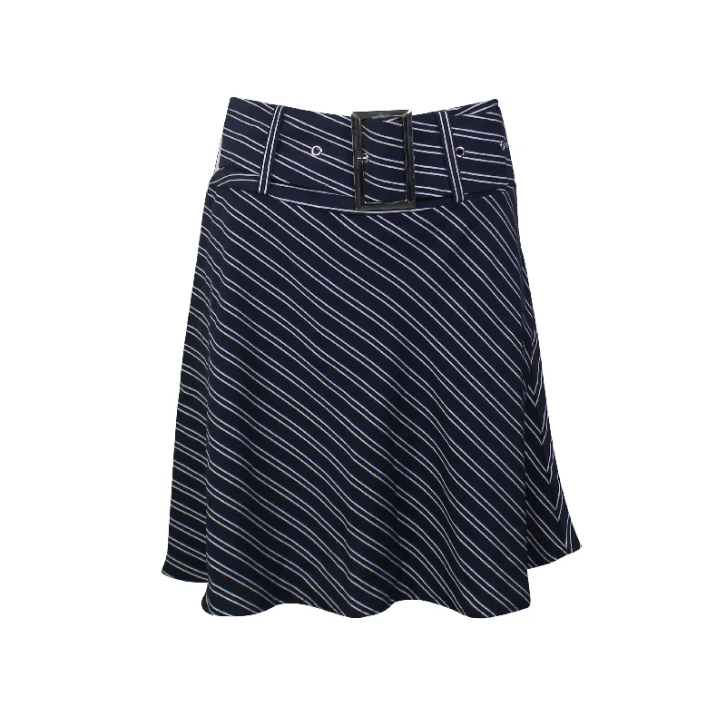 ContemporaryNavy Belted Striped Flare Mini Skirt