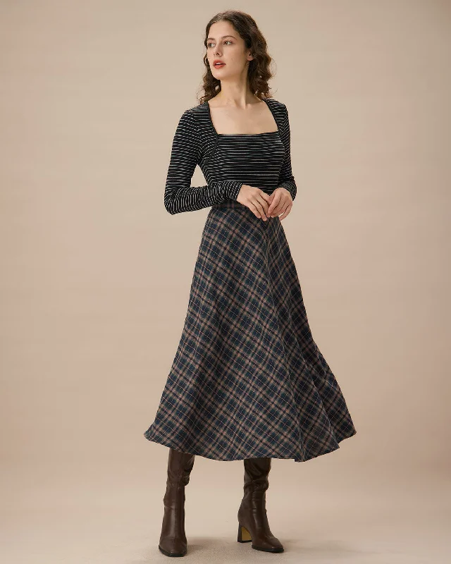Modern-luxeNavy Plaid Flared Midi Skirt