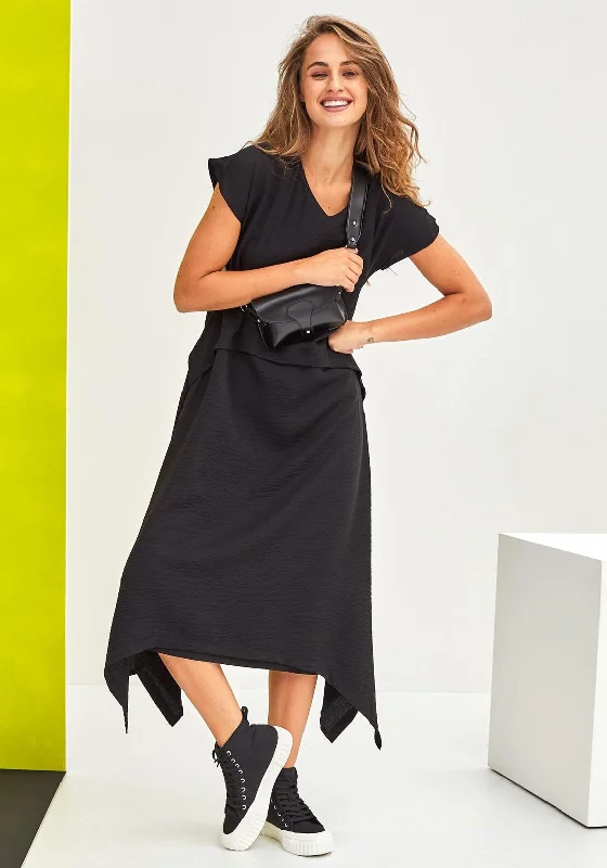Flower-adornedNaya Curved Hem Long Dress, Black