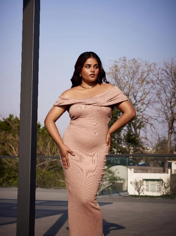 Classic-minimalismMadilyn Nude Off-Shoulder Modal Rib Maxi Dress