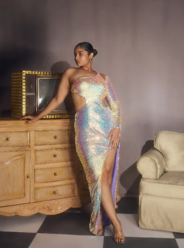Ocean breeze readySabela Rainbow Holographic Sequin Asymmetrical Maxi Dress