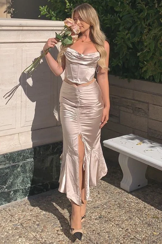 Old-school charmPer Favore | Champagne Satin Ruched Split Maxi Skirt
