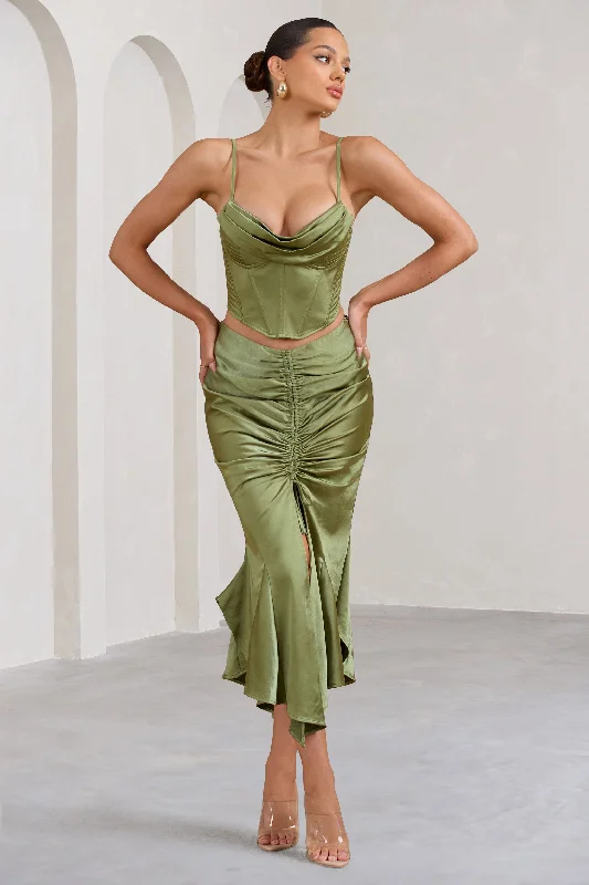 Old Hollywood glamPer Favore | Olive Satin Ruched Split Maxi Skirt
