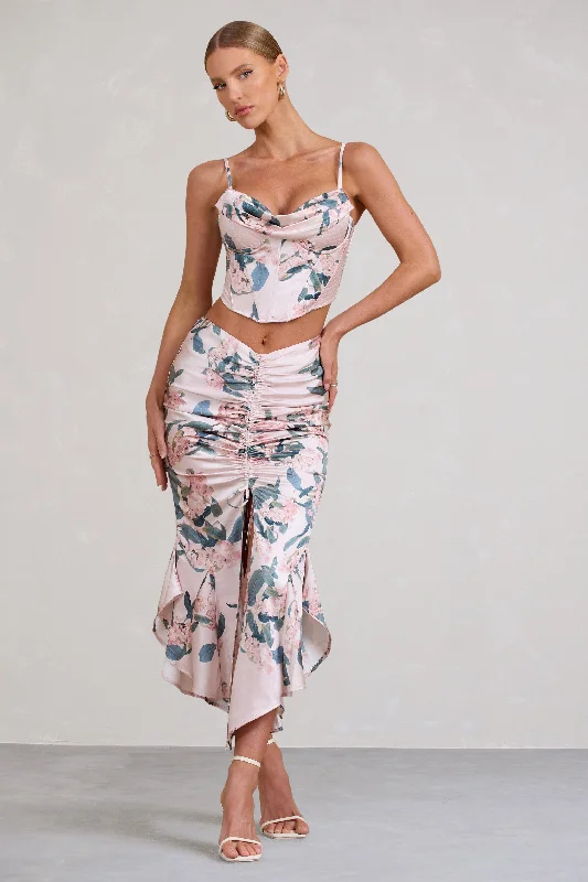 Pearl-embellishedPer Favore | Pink Satin Ruched Split Maxi Skirt