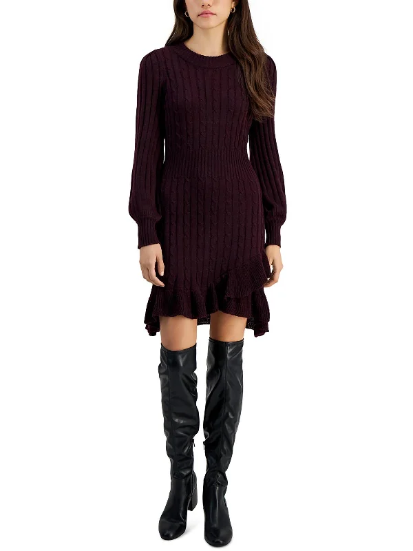 MinimalistPetites Womens Cable Knit Ruffled Sweaterdress