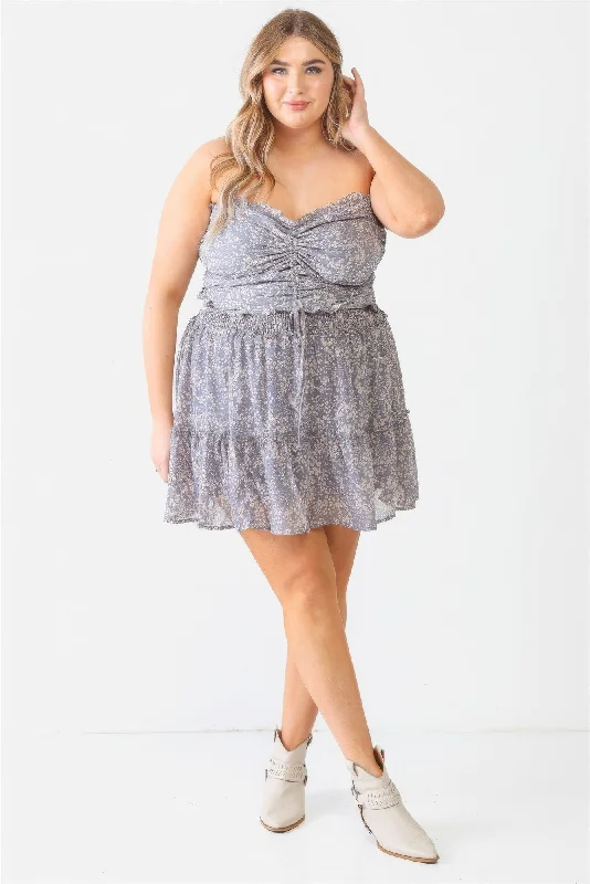 Monochrome-coolPlus Floral Print Ruched Ruffle Smocked Back Top & High Waist Flare Hem Mini Skirt Set