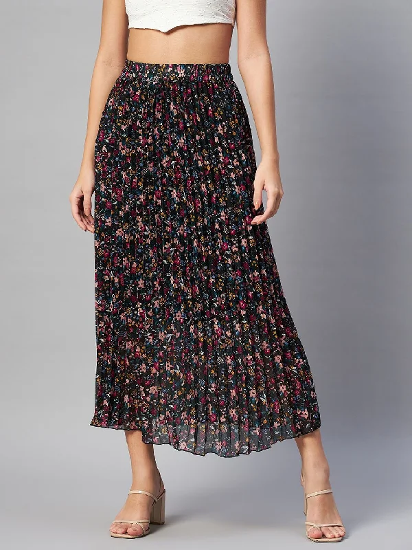 Dark-feminineplusS Black Floral Printed Accordion Pleats Midi Flared Skirt