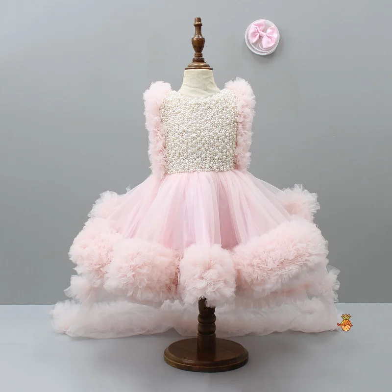 Sleek-functionalityPre Order: Pink Frilled Flared Dress With Detachable Bow And Trail With Head Band