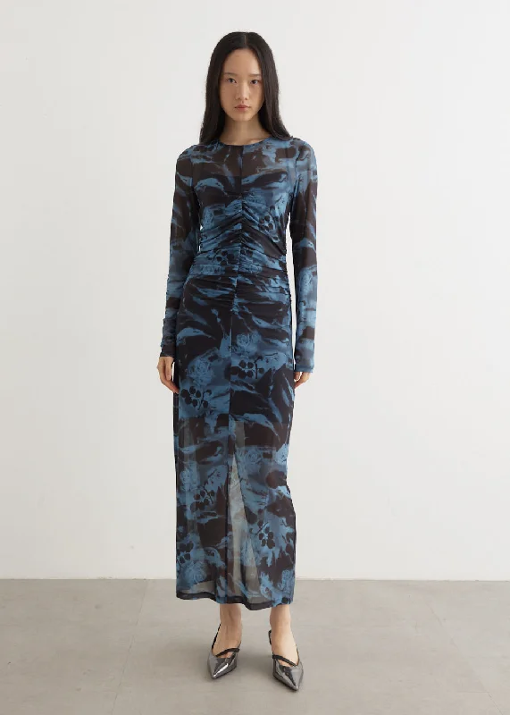 Effortlessly enchantingPrinted Mesh O-Neck Ruched Long Dress