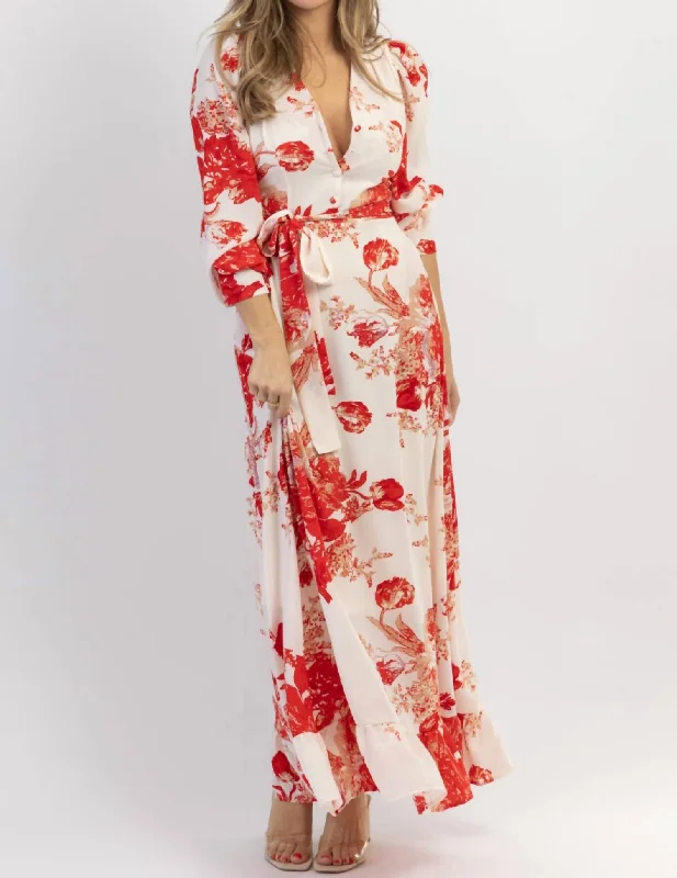 Whimsical charmRitzy Floral Maxi Dress In Red