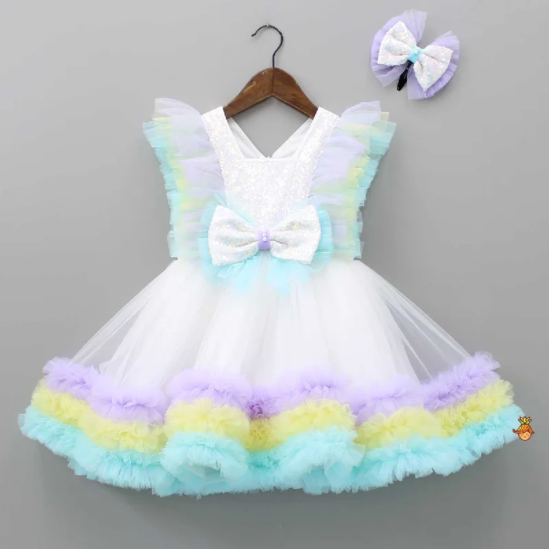 Performance-fashionSequin Embroidered Flared Ruffle Dress With Matching Hair Clip