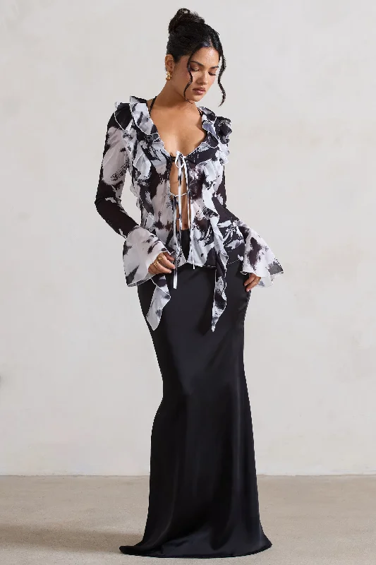 EdgySerita | Black Satin Split Maxi Skirt