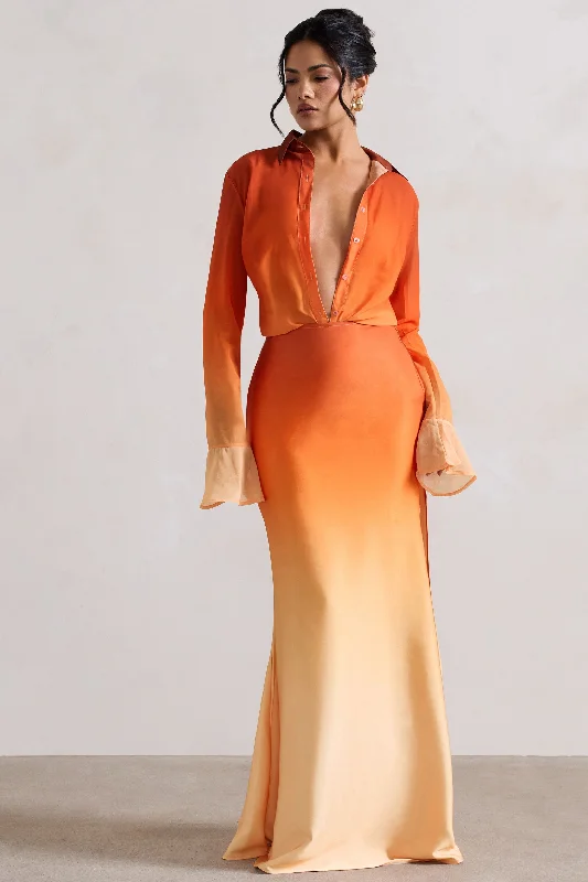 SophisticatedSerita | Orange Ombre Satin Split Maxi Skirt