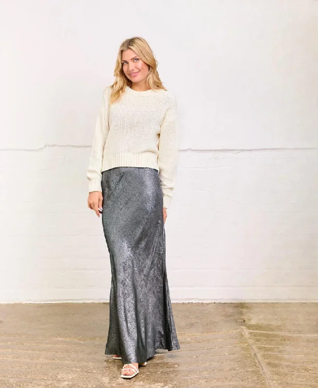 Techwear-inspiredSilver Satin Maxi Skirt