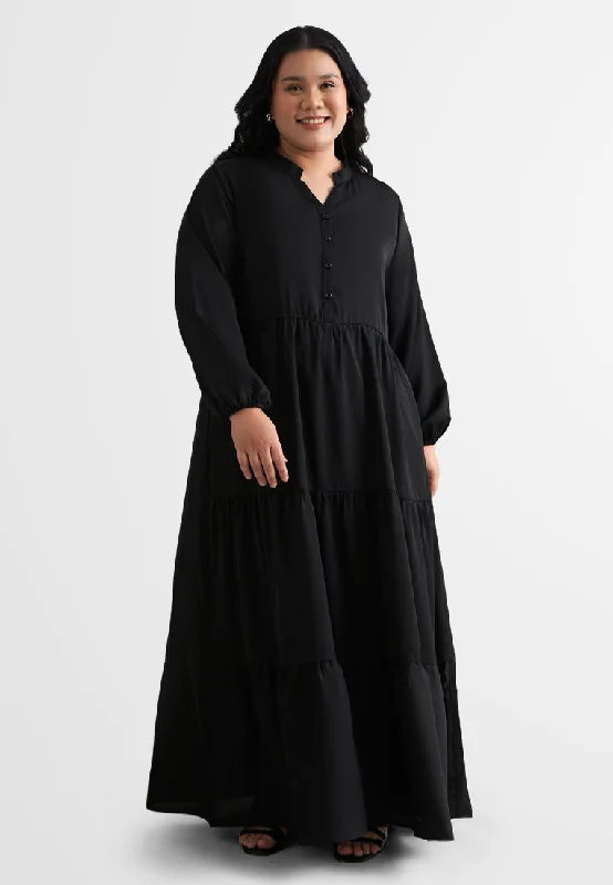 StylishTamera Half Button Tiered Long Dress