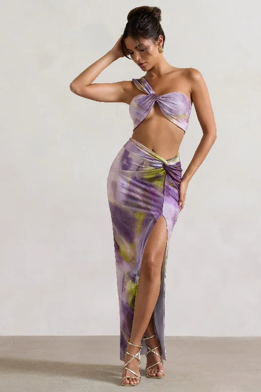 ClassyTender Kiss | Lilac Print Knot Split Maxi Skirt