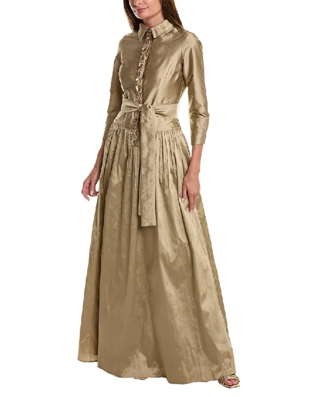 Flower-adornedTeri Jon by Rickie Freeman Taffeta Shirt Gown