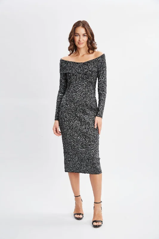 Luxe seductionOff Shoulder Metallic Sweater Dress